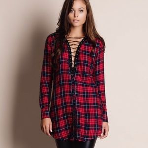Red/ Black Plaid Lace Up Tunic Top Size Small